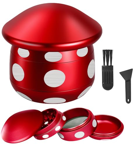 LHOEST Grinder - Macinaspezie grande, 50 mm, con raschietto e spazzola in plastica, 4 strati, colore rosso, a forma di fungo, per spezie