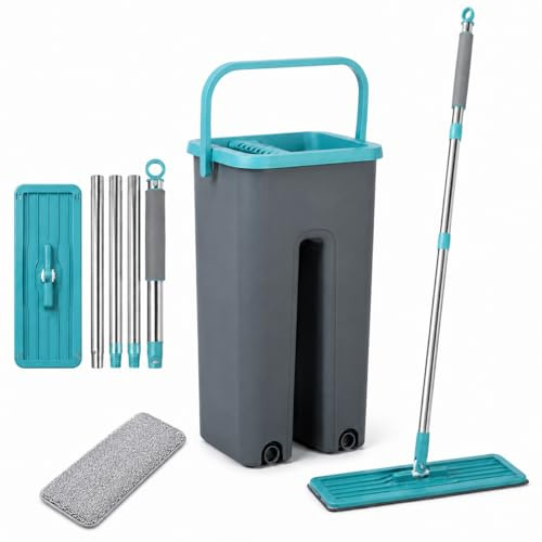 Flat Mop avec seau – Système à double compartiment lavage et essorage – Serpillière avec chiffon en microfibre lavable – Manche en acier inoxydable 112 cm – Tête articulée à 360° pour tous les sols