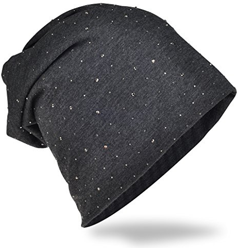 Miobo Jersey slouch beanie lång mössa med ädel strass stjärna nitar applikation unisex enfärgad män kvinnor trend, antracit, En Storlek