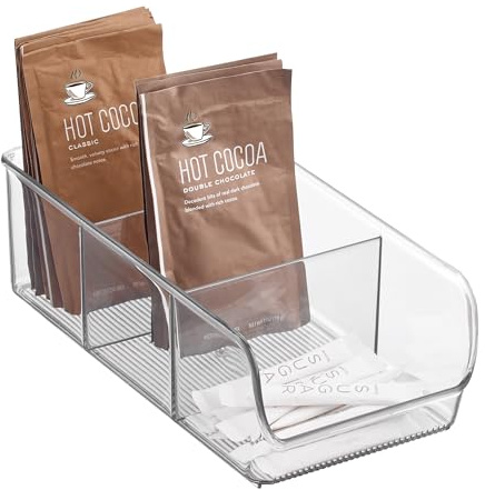 iDesign Storage Box with 3 Compartments, Medium Size Plastic Kitchen Organiser for Fridge and Pantry, Fridge Storage Bin for Food, Drinks and Condiments, Clear