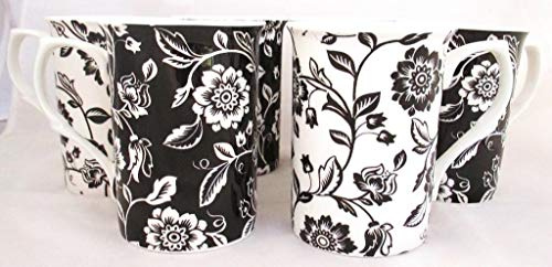 fromeuropewithlove Verona Black & White Mugs Fine Bone China Mugs (Set of 6) Hand Decorated in the U.K. FREE UK Delivery