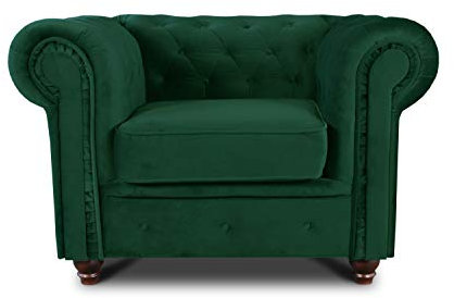 Sessel Chesterfield Asti - Couch, Couchgarnitur, Couchsessel, Loungesessel, Stühl, Holzfüße - Glamour Design, Velours (Dunkelgrün (Velvet 78))