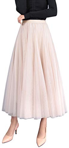 Damen Rock Sommer Langer Tüllrock A-Linie Faltenrock 83cm Länge Knöchellang Hoher Bund Schick Maxirock Elastisch Taille, Aprikose
