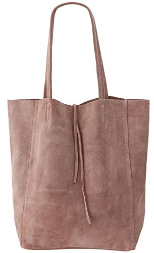 SH Leder ® Damen Echt Wildleder Shopper mit Innentasche in vielen Farben Schultertasche Henkeltasche 37x29cm Katrin G261 (Nude altrosa)