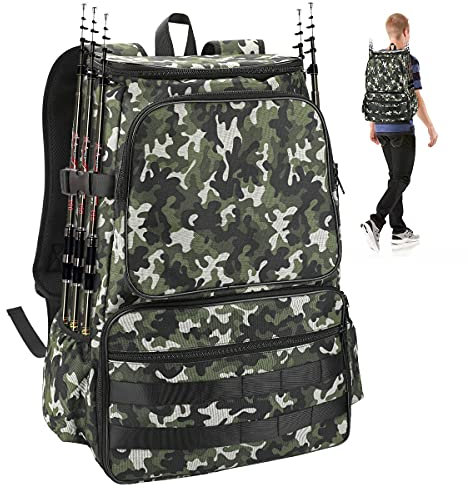 Luckits Angelrucksack, Angelgeräte Rucksack Wasserdicht ohne Trays Angelbox, große Aufbewahrungstasche mit Rutenhalter Outdoor Multifunktionale Box Angeltasche zum Angeln Camping Wandern