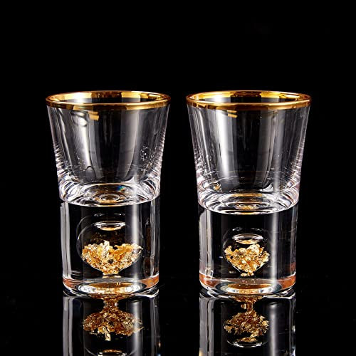 DUJUST juego de vasos de chupito de cristal (1.5oz/4cl), decorados con copos de hojas de oro de 24 quilates, sin BPA y sin plomo, perfectos para decoración, opciones de regalo, 2 pcs