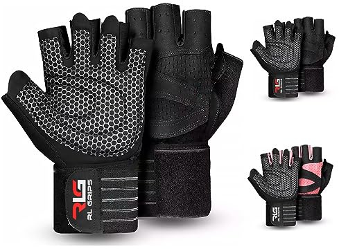 RL Grips® Gants de Gymnastique pour la Musculation, l'Haltérophilie, Le Crossfit avec Sangle de Poignet et Grip en Silicone Antidérapant - Gants de Fitness avec Sangle de Poignet (Noir, L)