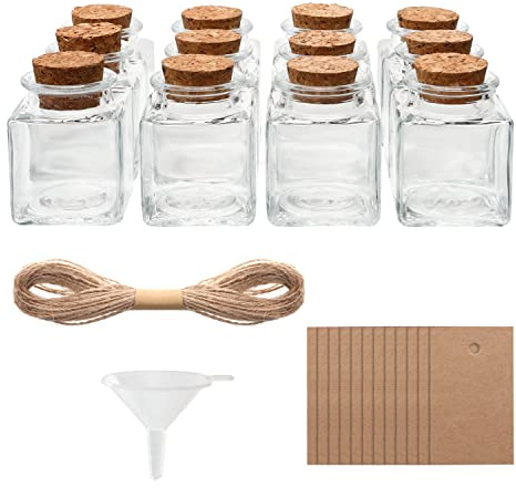 Belle Vous (12er Pack) Glas mit Korkdeckel, Garn & Anhänger - 50 ml Flaschen zum Befüllen - Kleine Glasflaschen zum Befüllen für Hochzeits-/Partygeschenke, Wunschflaschen & DIY-Bastelarbeiten