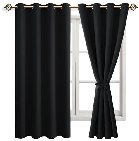 JIUZHEN Abdunkelnde Vorhänge mit Ösen Gardinen Blickdicht 160x132cm(HxB) | 2er Set Schwarz Verdunklungsvorhang mit Raffhalter Übergardinen Innen Wärmeisolierend für Kinderzimmer Wohnzimmer UV-Schutz