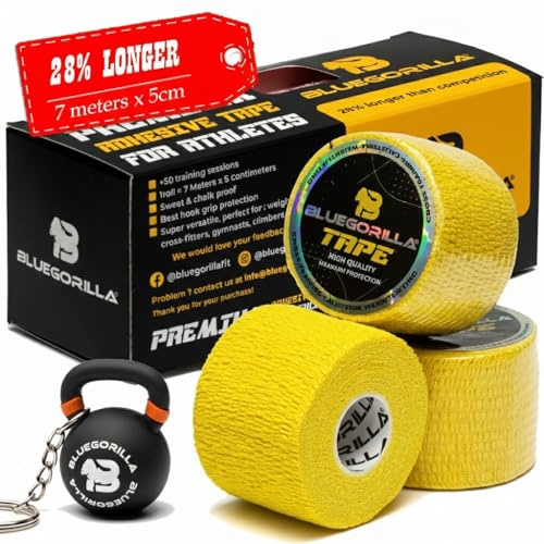 BLUEGORILLA® Tape Crossfit 5cm Elastico (Pack 3 + PORTACHIAVI) - Nastro Sportivo per Dita e Polso - Hook Grip - 5cm x 7m (giallo)