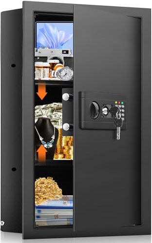 Nebakne 25.6 Tall Fireproof Wall Safes Between The Studs 16 Centers, Hidden Wall Safe with 2 Removable Shelf & Hidden Tray, Heavy Duty Wall Mount Safe for Firearms, Money, Jewelry, Passport Black