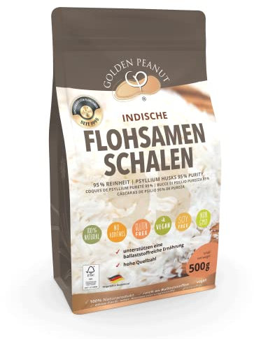 GOLDEN PEANUT Cáscaras de semillas de psyllium, 500 g, 95% pureza, alto número de fuentes, sin gluten, ricas en fibra, vegano, producto natural