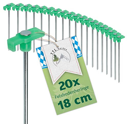 TTL Garden 20x Felsboden Heringe aus Stahl - 18cm Zeltheringe für Harte Böden Set aus 20 Stück lang stabil & leicht aus gehärtetem Stahl rostfrei - mit Kunststoff Kappe für Camping Zelten Outdoor