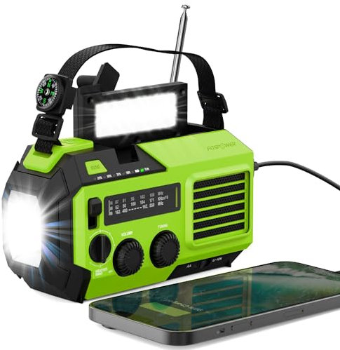 FosPower NOAA Emergency Weather Radio A6 19240mWh Portable Power Bank, AM/FM, USB/Solar/Hand Crank Charging, Battery Operated, SOS Alarm & Flashlight for Indoor/Outdoor Emergency - Green