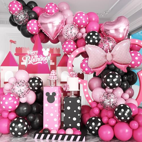 Jobkoo Pink and Black Balloon Arch Kit, Hot Pastel Pink Black Balloon Garland with Bow Heart Foil Balloons for Girls Women Birthday Princess Baby Shower Party Decorations