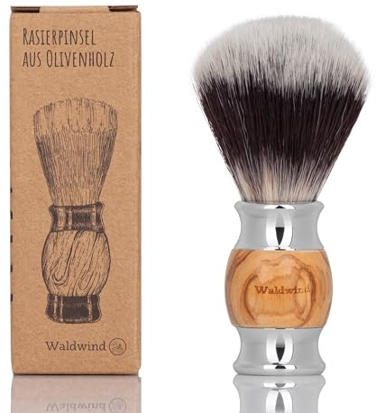 WALDWIND Rasierpinsel mit Holzgriff aus Olivenholz mit veganem Dachshaarimitat |für Damen & Herren | vegan shaving brush | plastikfreie Verpackung