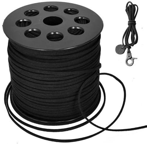 90M Lederschnur Lederband Faux Wildleder Schnur, Wildleder Schnur Faux Faden Veloursleder Band Lederschnüre Wildlederband für DIY Armband Halskette Schmuck Handwerk (Schwarz)