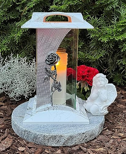 Grabschmuck-Set Grablampe Rose weiß 28,0cm mit Sockel und Engel Grablaterne Granitsockel Grableuchte Kerze Grabkerze Herz Grabschmuck Lampe Laterne Trauer Liebe Friedhof Garten