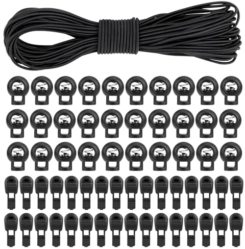20m Gummiseil Elastische Gummischnur Runde Schnur Dehnbare Gummiband Schwarz Elastische Kordel Mit 30 Kordelstopper Kordelklemme 30 kordelstopper 1 Loch (Schwarz, 3mm*20m)