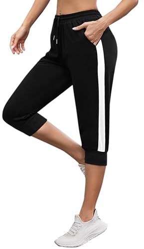 Jezonga Pantalón Chandal 3/4 Mujer Pantalones Capri Algodón Casual Holgado Pantalon Pirata Mujer Pantalones Deportivos Recortados de Jogging (1-Negro,L)
