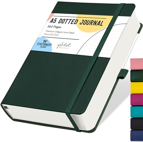 STATIONERY ISLAND Carnet en Notes A5 Pointillé, 360 pg Bullet Dotted Journal Couverture Rigide avec Papier épais de 100 g/m², avec Porte-stylo, Poche Intérieure, 2 Marque-pages