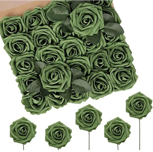 N&T NIETING Künstliche Blumen Rosen 50 Stück gefälschte Blumen Kunstblume mit Stiel für DIY Hochzeit Sträuße Mittelstücke Braut Baby Dusche Party Home Dusche Arrangement Dekoration(Armeegrün)