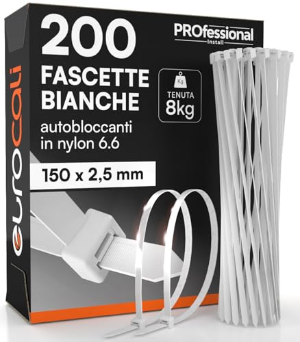 200 Fascette Stringicavo in Nylon 6.6 150x2,5mm Tenuta 8Kg per Cavi e Cablaggi Autobloccanti per Elettricista e Fai da Te Serraggio con Denti Antiscivolo Resistenti Fuoco Calore e Gelo Colore Bianco