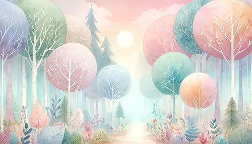 UNIK Nordic Vliestapete, BxH 350x250 cm, Pastell Wald Aquarell, Tapete Bäume, Fototapete Kinderzimmer Wälder, XXL Kindertapete in bunten Farben, für Kinder- und Babyzimmer, Waldtapete Made in Germany