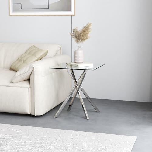 GOLDFAN Beistelltisch Quadratisch Glas Couchtisch Moderner Wohnzimmertisch Mit Metallbeine für das Wohnzimmer, Schlafzimmer oder die Küche, Silber, 40x40x50cm