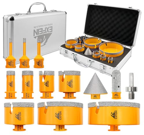 Diamant Fliesenbohrer Set 13 Stücke, EXFEIN M14 Diamant Lochsäge 6/6/8/20/25/35/50/68/100/125mm + 20mm Fingerfräser+50mm Fasenfräser+Adapter für Fliesen Keramik Porzellan Marmor Granit