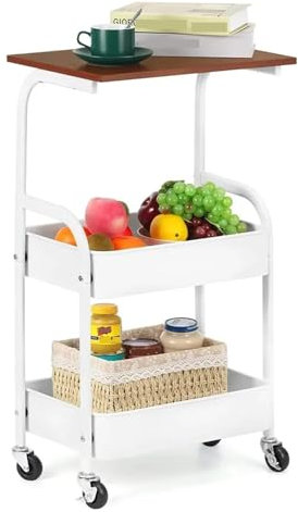 Estante de almacenamiento de cocina Carro de almacenamiento con ruedas for cocina, carro de almacenamiento delgado de 3 niveles con ruedas, carro utilitario móvil con mesa de madera, blanco Mesa isla