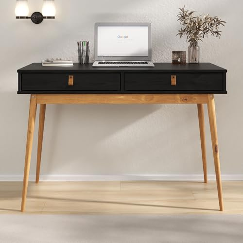 IDIMEX Schreibtisch Wanda mit 2 Schubladen aus Massivholz schwarz/Eiche Farben - Bürotisch mit konischen Beinen, Home Office Tisch, Büromöbel mit Stauraum