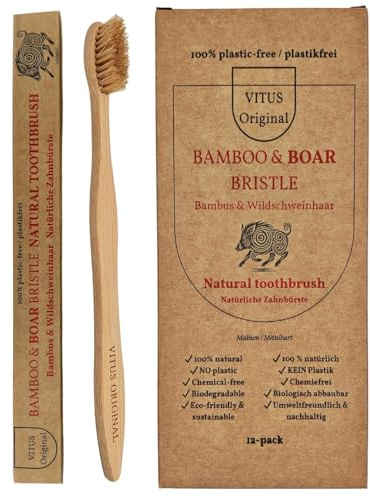 VITUS Original – Ganz plastikfreie Zahnbürsten aus Bambus mit Schweineborsten/Naturborsten – 12er-Pack