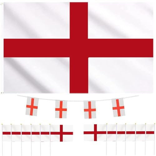 St Georges Day Decorations, St Georges Flag Set, England Bunting, 90 * 150cm Large Flag, 5m Bunting, 30cm Handheld Flags, Perfect for St Georges Day Celebrations, Rugby Parties, Football Events