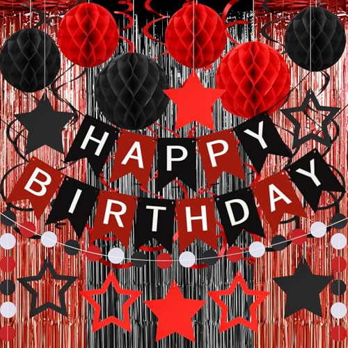Fantástico juego de decoración de cumpleaños – pancarta de cumpleaños, cortinas de panal, bolas de abeja y accesorios para fiestas, color negro y rojo, decoración de cumpleaños – para niños y niñas
