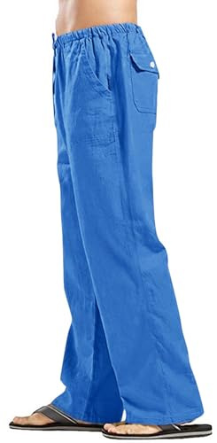 Generisch Sporthose Herren, Leinenhose Einfarbiges Lang Leicht Sommerhose Loose Fit Freizeithose Mit Taschen Kordelzug Für Urlaub Strand Alltag Haremshose Herren Leinen (4XL, Blau)