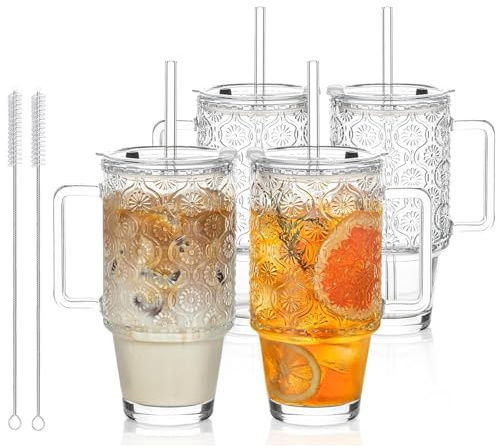 KEMORELA 4-Pack 24 Oz Glass Tumblers with Straws and Lids, Iced Coffee Cups with Begonia Floral Pattern, Smoothie Cups with Handles, Reusable Cold Drinkware, Glass Tumblers for Beverages