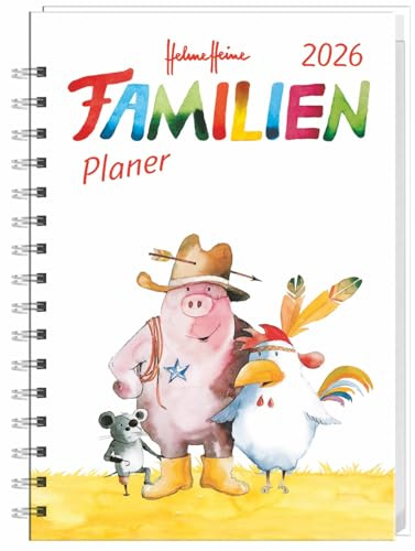 Helme Heine Familienplaner-Buch A6 - Kalender 2026 - Heye-Verlag - Taschenkalender mit 4 Namensspalten, Einstecktasche, Lineal und Schulferien - 11,5 cm x 16,3 cm