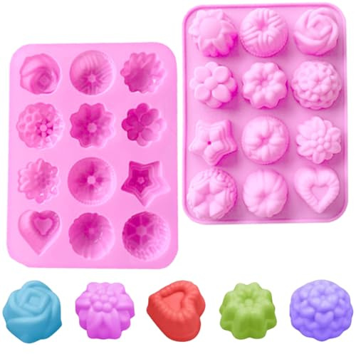 2PCS 12 Mulden Silikon Blume Seife Form Muffinform Kuchen Brot Form Silikon Puddingform Blumen Kuchenformen Schokolade Jelly Candy Backform（Pink）
