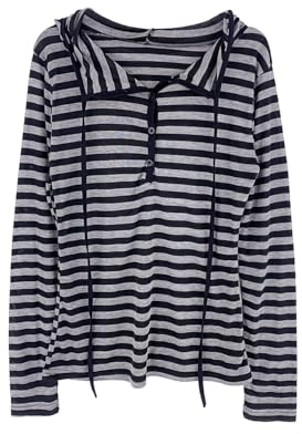 Harajuku överdimensionerad tröja med huva Y2K Grunge randig pullover sweatshirt tonårstjejer emo alternativa streetwear toppar, Grå, S