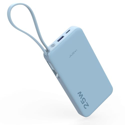JUOVI Batería Externa Carga Rápida 25W 10000mAh Power Bank con Cable USB-C Integrado y Pantalla LED, Cargador Portátil para iPhone 17 16 15 14 Samsung S24 S23 iPad Tablets (Azul)