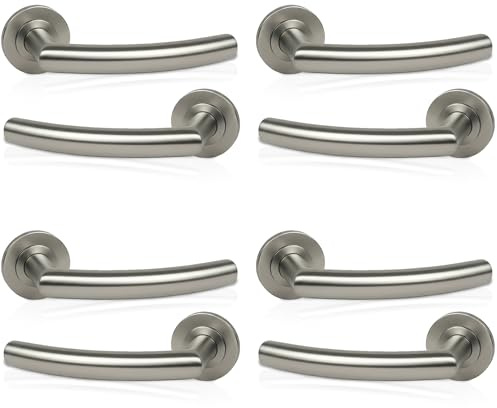 MSC 4 Sets - Curved Brushed Chrome Door Handles – Pair of Brushed Steel Door Handles on Round Rose, Modern Satin Finish, 125mm Lever, 54mm Rose, Includes Fittings