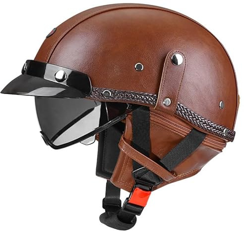 Casco Moto retrò Vintage Pelle Casco Cromwell Scodella Semi Integrale Caschi jet e demi-jet in ABS Certificato ECEDOT per Motocicletta Scooter e Bici Elettrica per Uomo e Donna B,M=57~58cm