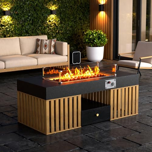 Tavolino da caffè con braciere a gas da 120 cm, con cassetto in legno e protezione antivento in vetro temperato, in acciaio inox, per cortile, giardino, picnic o feste