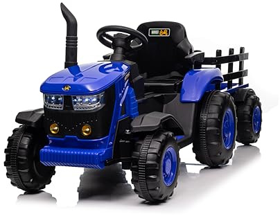 Garvee 12v Ride on Tractor and Trailer with Detachable Trailer, Electric Kids Toy Car with Remote Control, Dual Motors, Horn, Music/USB, 7 LED Lights, Ride on Toy Car for Boys Girls,Blue