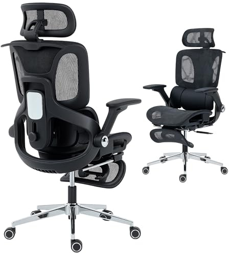 HOMCOM Silla de Escritorio Ergonómica con Reposapiés, Silla de Oficina Giratoria, con Respaldo Reclinable y Alto, Soporte Lumbar y Reposacabezas Ajustable, Malla Transpirable, Reposabrazos 4D, Ruedas