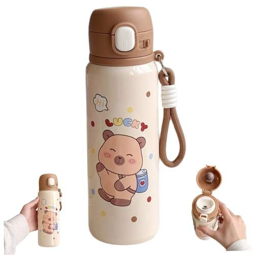 Porgeel Borraccia Capybara con Coperchio e Portachiavi Simpatica Bottiglia d'Acqua isolata con Rivestimento in Acciaio Inossidabile Tazza da 500 ml e beccuccio Portatile resiste