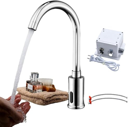 Robinet à Capteur Infrarouge Automatique Sans Contact Robinet pour Lavabo Lave Main Salle de Bain WC Cuisine, Laiton Chromé Antirouille, Alimentation Par Piles (eau froide)