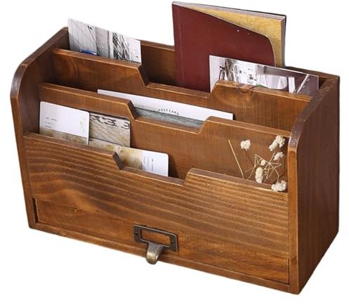 Portalettere, portalettere in legno a 3 scomparti con cassetto, organizer da tavolo retrò marrone per cartelle di file, posta, buste, organizer