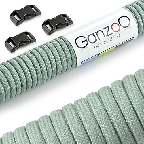 Ganzoo Set Paracord 550 Seil Typ 3, 30 m 4 mm, Silbergrau, Nylon-Polyester Schnur mit 3 Klickverschlüssen 3/8 Zoll 10 mm, vielseitig für Outdoor, Knoten, Flechten, Basteln und Ausrüstung